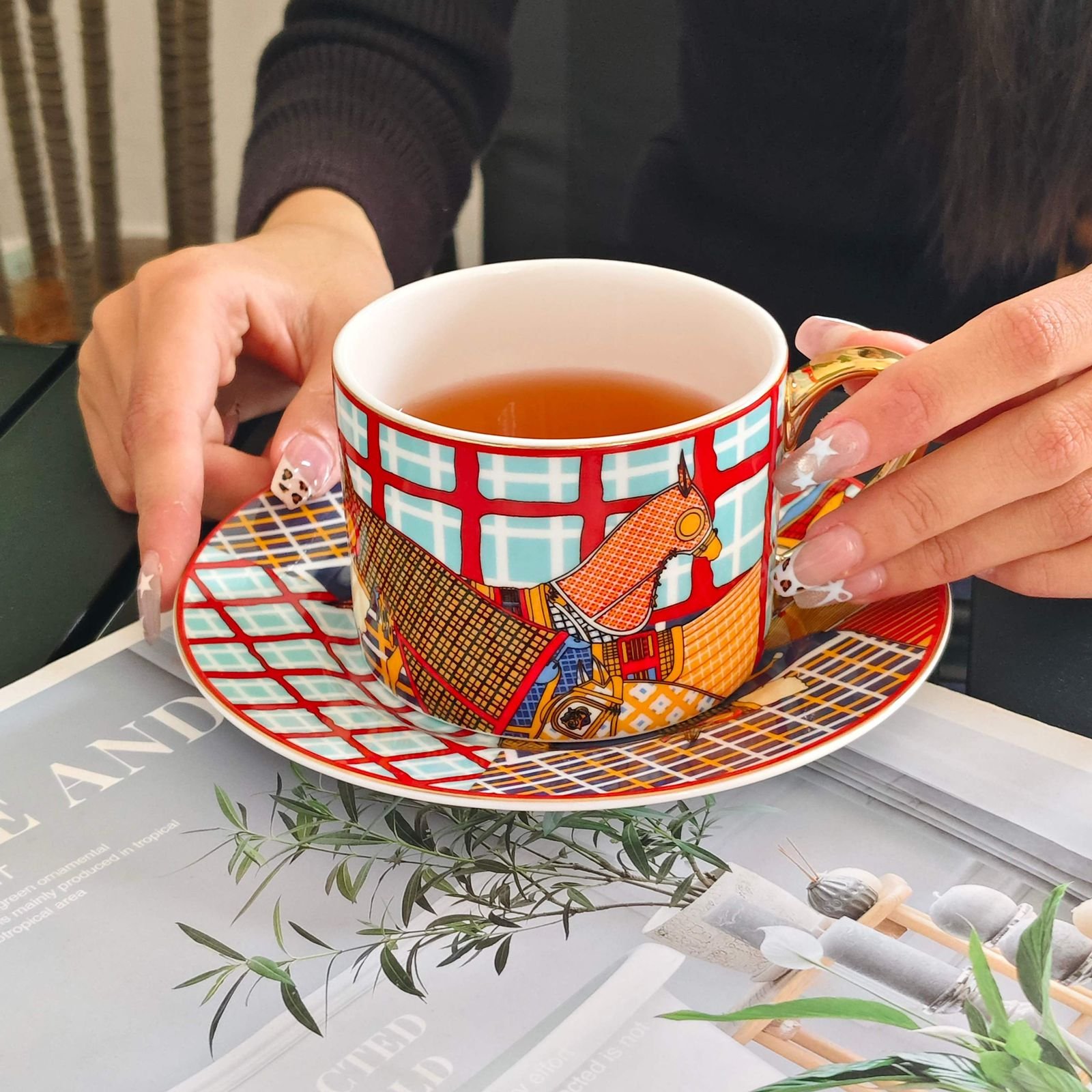 Hermes tea set of two cups with saucers - orange horses - Image 3 of 3